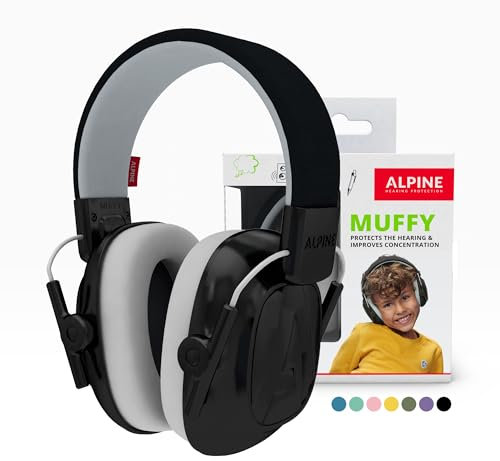 Alpine Muffy Protectores de Oído para Niños de 5 a 16 Años – Cascos Antirruido – Protección Auditiva Cómoda – Banda Ajustable – Negro