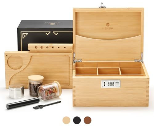 GLENCREAG Stash Box with Rolling Tray, Smell Proof Large Bamboo Storage Box with Lock, Decorative Box Set Includes Glass Jars & Grinder, Gift for Men Women