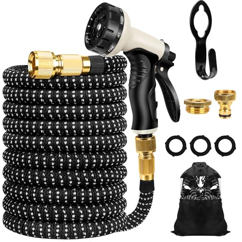 Expandable Garden Hose - 25ft Expanding Water Hose Pipes with 10 Function Nozzle,3 Layer Latex,1/2 and 3/4 Solid Brass Fittings, Easy Storage Leak-Proof Flexible Garden Water Hose