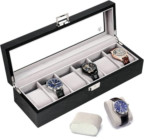Slege Uhrenbox aus Holz mit 6 Fächern,Uhrenetui für Herren,komplett mit Samt ausgekleidet,Uhrenhalter Glasplatte & Uhrenkissen,Uhrengehäuse-Organizer als Geschenk für Herren und Damen (Schwarz)