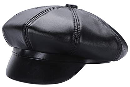 PACUM Lederhüte für Herren und Damen Frauen achteckige Kappe Echtes Leder Black Newsboy Cap Männer Italienisch Design Echtleder Herbst Winterhut Warmes und süßes Geschenk