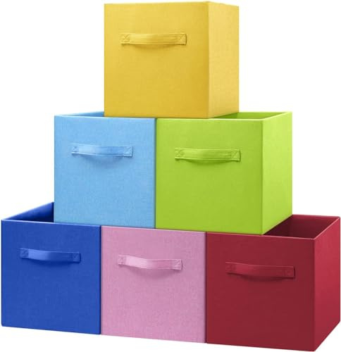 BinWhiz 6 Stück Bunt Stoffkisten Aufbewahrung, Zusammenklappbare Aufbewahrungswürfel, Organizer mit Griffen, Faltbox für Regale, Schrank, Bücherregal, Heimdekoration, 28 x 28 x 28 cm (Merhfarbig)