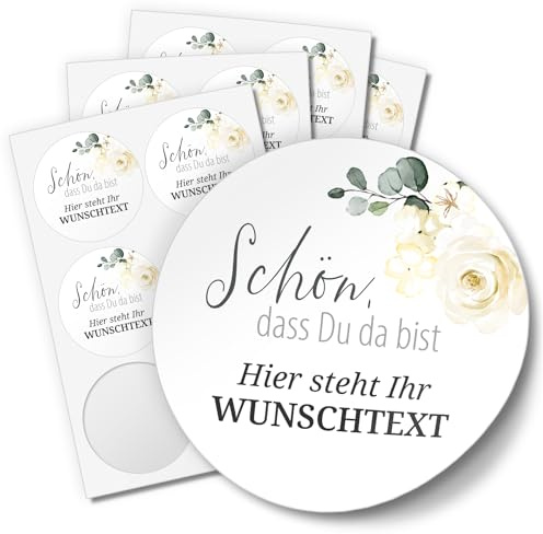 24 PERSONALISIERTE Aufkleber mit Wunschtext individualisiert anpassbar Namen Datum Etiketten rund 4cm, Rose Blume weiss