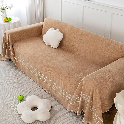 Bishilin Sofabezug 4 Sitzer Nordisch, Sofaüberwurf rutschfest Hellbraun mit Quasten 180x420CM Couchbezug Eckcouch Universal