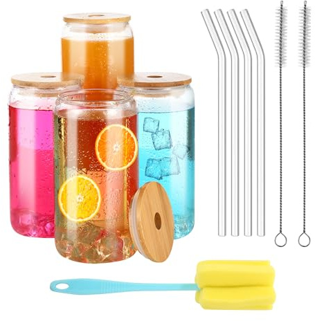 LCXCXY Packung mit 4 trinkgläser mit deckel, 450 ml gläser mit deckel und strohhalm, glas mit deckel und strohhalm, kann als cola becher, saftbecher, cocktailbecher, kaffeebecher verwendet werden