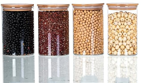 LUGZEY 4-Pack 1000ml Kitchen Storage Glass Jars with Bamboo Lids Labels and Chalk, Glass Canisters Storage Jars for Sugar Spices Dry Fruits Candies Jellies Cookies Cereals and Grains, Size 10 * 15cm