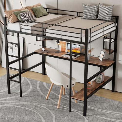 Kebnor Bettgestell Metallbett, Eisenbett mit Schreibtisch, Hochbett mit Vier kleinen Regalen und einem großen Bücherregal für Kinder, Jugendliche und Erwachsene (Schwarz, 90 * 200cm)
