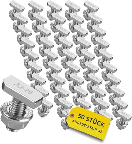 Avoltik 50x Hammerkopfschrauben M8 I 20 mm Edelstahlschrauben mit montageschienenschmuttern I Schrauben aus A2 Edelstahl für Solarmodul-Befestigung I M8 Schrauben inkl. Muttern zur PV-Modul Montage