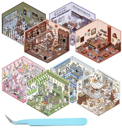 8Pcs 3D Sticker Scene 3D House Sticker DIY 3D House Stickers Make 3D Stic-ker Scene Fun DIY Scene Stickers Your Own Supermarket Coffee Vintage Cartoon mit 1 Pinzette