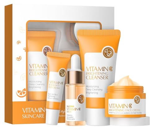 Coffret Cadeau Femme, Vitamin C Ensemble Soin du Visage, 4 IN 1 Skincare Set avec Nettoyant, Crème Hydratante, Sérum, Eye Crème, Kit Soins de la Peau pour Ado Filles (4 Pièces)