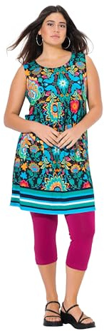 Ulla Popken Mini Abito da Donna, Taglie Forti, in Jersey, con Fiori, Linea A, Girocollo, Senza Maniche, Verde Menta, 48-50