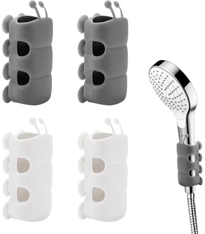 Casbomy 4 supporti per soffione doccia senza foratura, soffione doccia con ventosa bionica, supporto in silicone, supporto rimovibile e posizionabile (bianco e grigio)