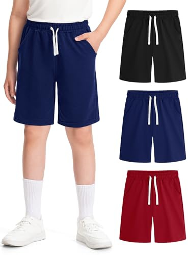 BOOPH 3 Pack Boys Shorts Boy Cotton Athletic Shorts Kids Casual Summer Clothes with Pockets 11-12 Years Black/Navy/Wine Red