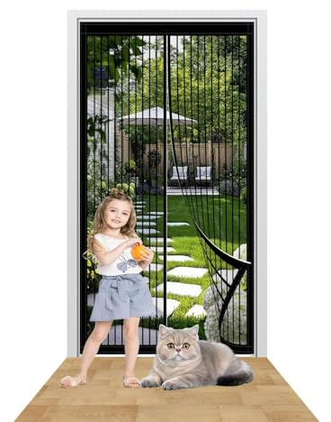 Moustiquaire Porte Magnetique 96 x 193 cm Fermeture Automatique Magnetique Rideau Porte Kit D'Installation Complet pour La Plupart Les Types de Fenêtres Ou Porte, Noir