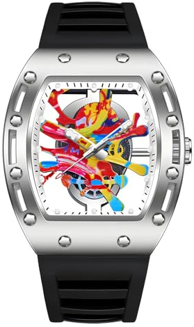 MASTOP Tonneau - Reloj de pulsera para hombre, diseño de grafiti BuPunk, esfera artística de graffiti, movimiento japonés, diseño luminoso con correa de silicona, Negro-Plata, Relojes para hombre