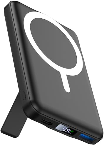 AOGUERBE for MagSafe Portable Charger, 10000mAh Magnetic Power Bank 22.5W Fast Charging, Mini Battery Pack Wireless with LED Display&Foldable Stand for iPhone 17/16/15/14/13/12 Series (Obsidian Black)
