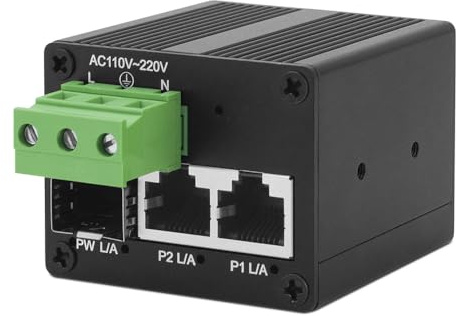 BinLeeVision - Mini switch Ethernet Gigabit industriale, 2 porte RJ45 + 1 porta SFP, switch di rete non gestito, plug & play, design in metallo senza ventola, alimentatore di rete