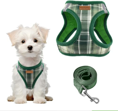 PawSailor Step-in Hundegeschirr Klein Hunde Anti-Zug Welpengeschirr, Grün | Gepolstert Verstellbar Brustgeschirr mit Leine, Atmungsaktiv Mesh, Reflektierend Karomuster für Kleine & Mittelgroße Hunde, M