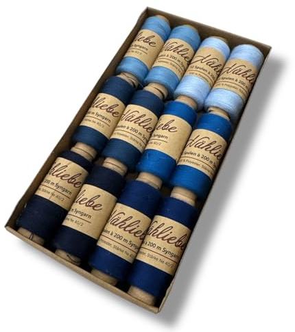 Nähmit - NÄHLIEBE Syngarn - 12 x 200m Nähmaschinengarn 100% Polyester Nähgarn Set für Ihre Nähmaschine (09 - Blau)