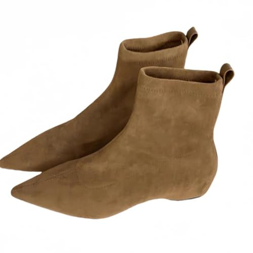 Momolaa Brown Boots Womens Suede Flats Pointed Toe Pull on Ankle Boots Formal Low Heel Booties Office Dress Shoes Footwear Gift UK 4