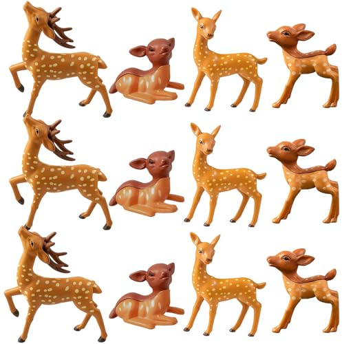 Reindeer Christmas Decorations, 12 Mini Reindeer Figures for Christmas Cake Toppers, Miniature Woodland Animals Ornaments, DIY Decor, Xmas Cake Decorations