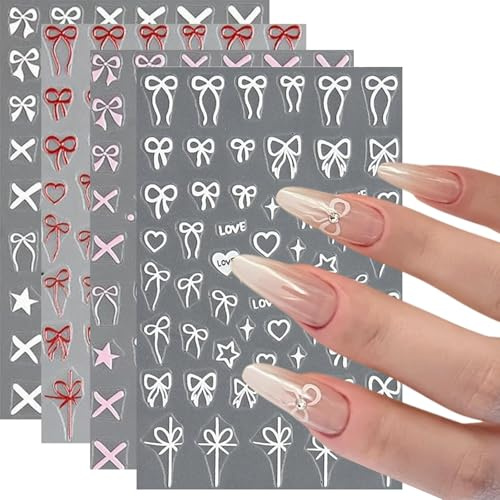 4 Sheets Bow Tie Nail Stickers - White Pink Red Cute Nail Decals - Star Heart Bow Nail Art Design - Stitch Nail Stickers Decoration Accessories