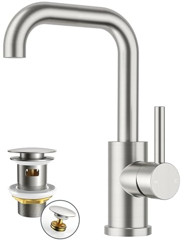FORIOUS Wasserhahn Bad Hoch 360°Drehbar,Edelstahl Waschtischarmatur | mit Ablaufgarnitur,Warm/Kaltwasser Mischbatterie,Auslaufhöhe 195 mm,Einfache Montage für Waschbecken im Bad