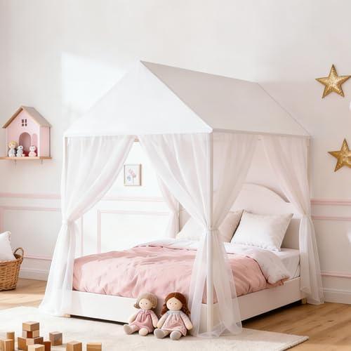 GFCC Weiß Hausbett Himmel für Rechteckigem Dach Hausbett–206x126x140cm | Prinzessinnen Betthimmel Hausbett für Mädchen Hausbett Deko Moskitonetz Baldachin für Kinderzimmer Deko