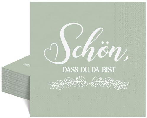 40 Stück Serviette Grün, 6.5 Zoll Servietten Schön Dass Du Da Bist Papierservietten Cocktailservietten für Kommunion Hochzeit Taufe Geburtstag
