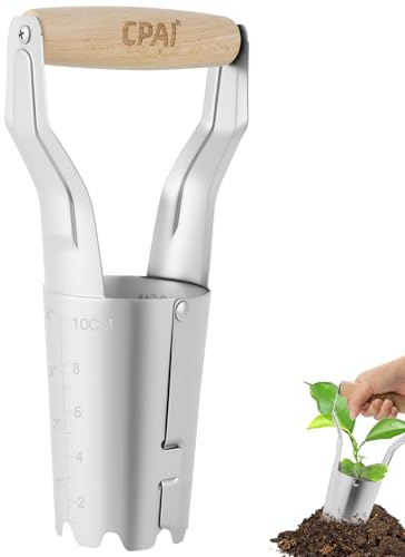 APXEL Bulb Planter, 6cm Diameter 10cm Depth Hand Bulb Planter With Depth Scale Wood Handle, Stainless Steel Gardening Plant Tool for Planting Tulip Daffodil Flower