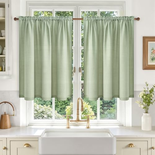 MRTREES Scheibengardinen Modern Grün Leinenoptik Halbtransparent Küche Wohnzimmer Bistrogardine 2er Set, Küchengardinen Kurz Landhausstil für Küchenfenster Kleine Fenster, H 60 x B 90 cm