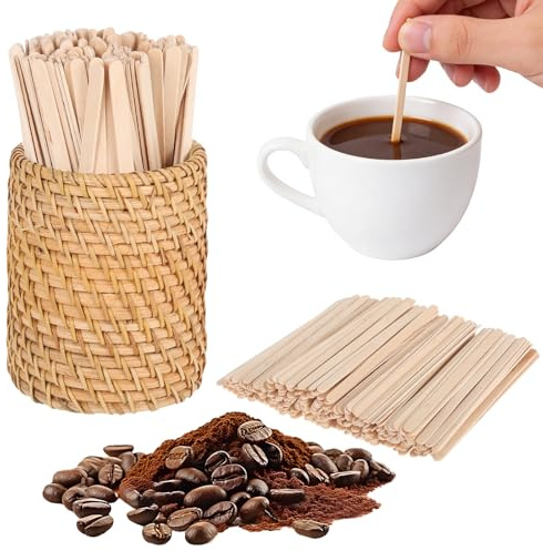 200-Count Coffee Stirrers Holder, 5-Inch Rattan Cocktail Stirrers, Wood Stir Sticks for Hot or Cold Beverages, Coffee Bar, Home Kitchen, Party Supplies & Halloween Decor