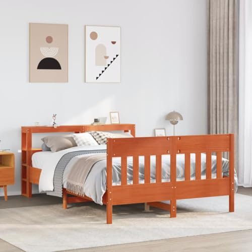 Ordellia Massiv träsäng, vaxbrun, 140 x 190 cm furu, plattform, sängram med ribbotten, förvaringsställ, sänggavel, robust sovrumsmöbler
