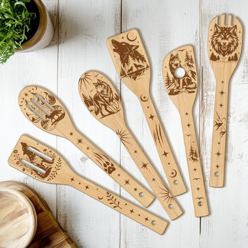 CUTHOLLOW 6Pcs Wildes Wolf-Theme Kochlöffel Holz Set, Kochutensilien Lustig mit Motiv, Pfannenwender Holz Personalisiert, Küchenhelfer Set für Cooking, Spoon, Kitchen, Geschenk