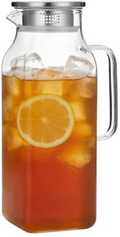 High Borosilicate Glass Water Pitcher, 68 oz / 2 L Square Carafe with Stainless Steel Lid, Heat Resistant Beverage Drinking Jug for Hot Cold Liquids, Home, Restaurant Use