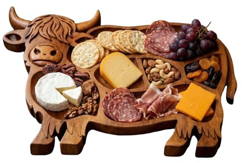 Tabla de Embutidos de Madera con Vaca Highland, Bandeja de Queso, Carne, Fruta, Snacks en Forma de Vaca con Compartimentos, decoración rústica de Granja para centros de Mesa y Bandeja de Servicio