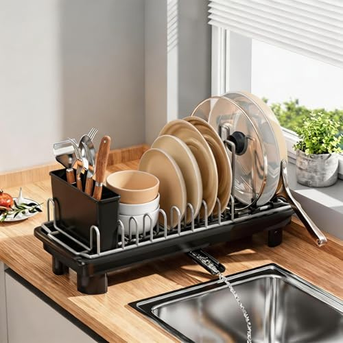 Geschirrabtropfgestell Klein,Abtropfgestell Geschirr Edelstahl mit Abtropfschale,360° Drehbarem Auslauf und Utensilienhalter,Geschirrständer für die Kleine Küchentheke, Small Dish Drying Rack