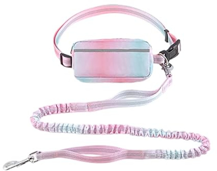 Einstellbar Joggingleine Hunde mit Bauchgurt, Laufgürtel Hundeleine mit Dual Griffe, Reflektierende Nähte, Leine Hund mit Gürteltasche, Elastische Laufleine, Dog Leash Hand Free (Rosa)
