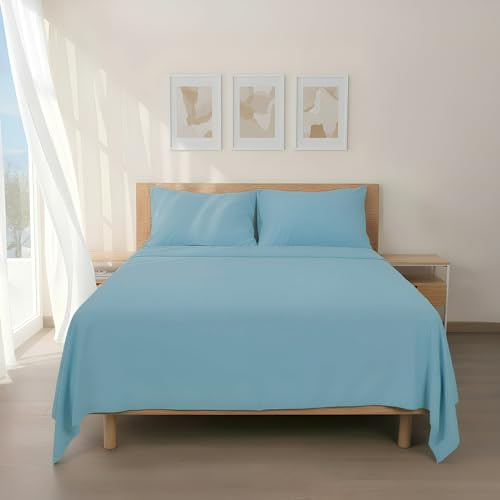 H HANSEL HOME Set Lenzuola Matrimoniali Letto 105x190/200cm, Completo Lenzuola 100% Microfibra Traspirante Morbido al Tatto - Include 1 lenzuolo sopra, 1 lenzuolo con angoli 30cm e 1 federa - Azzurro