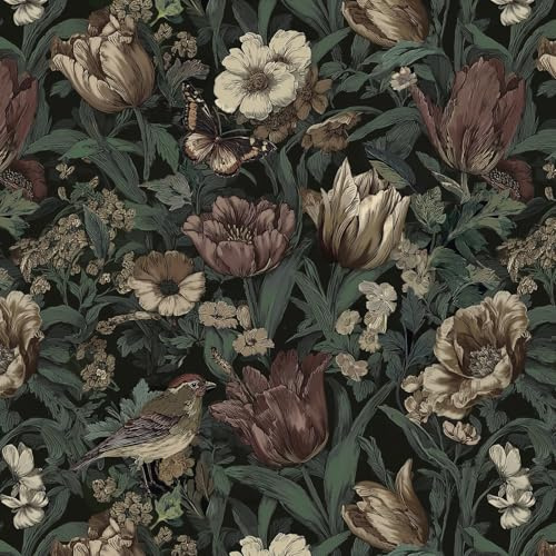 Timeet Selbstklebende Tapete 44cmx3m Wandfolie Dunkel Blatt Botanisch Blumentapete Boho Möbelfolie Klebefolie Wasserdicht Vintage Wandverkleidung für Schlafzimmer Wohnzimmer DIY Renovierung Gold Rot
