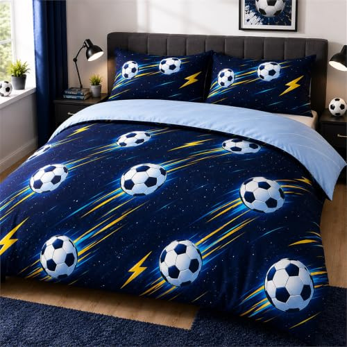 Vryxel Boys Kids Football Soft Bedding Single Duvet Cover Set Bed Zipper White Blue 135 x 200 CM