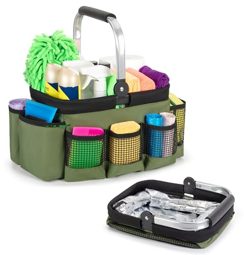 PGmoon Foldable Cleaning Caddy with Handle – Easy-Clean Liner, Green | Portable Tote with Multi-Pockets for Cleaners & Housekeepers, Home & Car