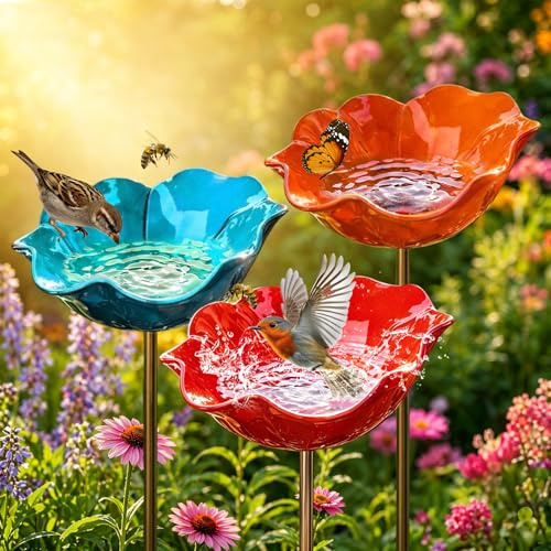 Lot de 3 abreuvoirs à oiseaux en métal - Forme de fleur - Abreuvoir d'abeille coloré - Résistant à l'hiver - Pour pelouse, parterre et terrasse - Abreuvoir à insectes pour abeilles et papillons