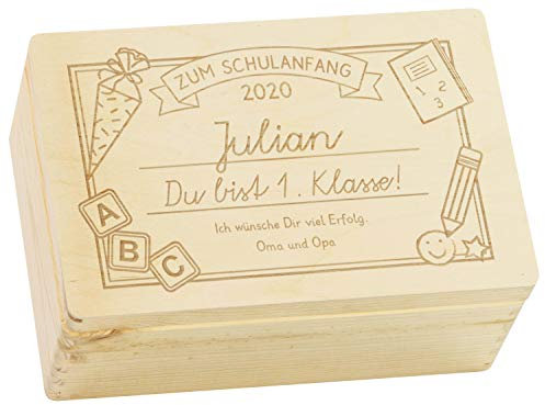 LAUBLUST Holzkiste mit Gravur - Personalisiert mit Datum | Name | WIDMUNG - Natur Größe M - 1. Klasse Motiv - Geschenkkiste zur Einschulung - FSC®