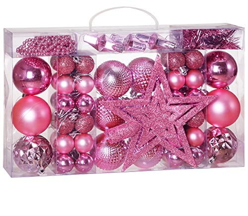 DEUBA® Weihnachstkugeln 66tlg Ø 3-6cm Kunststoff matt glänzend Christbaumkugeln Christbaumschmuck Anhänger Weihnachtsbaumkugeln Weihnachtsdeko Rosa
