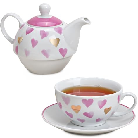 Teekanne Set in rosa pink gold und weiß mit Herz - Süße Porzellan Teetasse mit Deckel für 400ml | 200ml - Außergewöhnliche Kaffeetassen spülmaschinenfest und mikrowellengeeignet als Geschenk