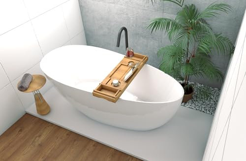 ECOLAM exklusive freistehende Badewanne 160x70 cm Goya + Ablage Bambus I moderne Standbadewanne Wanne freistehend I Ablaufgarnitur Click Clack Design Mineralguss glamour weiß