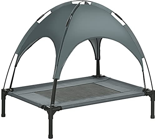PawHut Erhöhtes Hundebett mit Baldachin Outdoor Grau 76 x 61 x 73 cm | Haustierbett, Hundeliege Outdoor mit Dach, Atmungsaktiv Sonnenschutz, Taftstoff, Camping