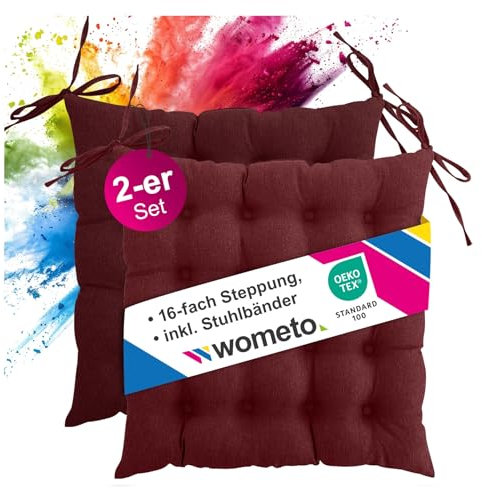wometo 2er Set Sitzkissen Stuhl 40x40 Oeko-TEX - dunkelrot weinrot Sitzpolster Stuhlkissen mit Bändern/Schleifen für Indoor und Outdoor (2 Stück)