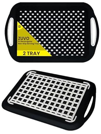 Zuvo Bandeja Antideslizante para Servir Alimentos con Asas (Juego de 2) – Plástico sin BPA, Ligero y Duradero – Bandejas Antideslizantes para sofá para Comer y Beber (Negro)